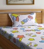 Beige Cartoon Printed 300 TC Cotton Blend Single Bedsheet with 1 Pillow Cover