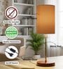 Beige Cylinder Fabric Shade Table Lamp, Brown Wooden Base Bedside & Desk Light for Bedroom, Living Room & Home Decor