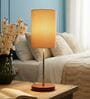 Beige Cylinder Fabric Shade Table Lamp, Brown Wooden Base Bedside & Desk Light for Bedroom, Living Room & Home Decor