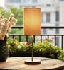 Beige Cylinder Fabric Shade Table Lamp, Brown Wooden Base Bedside & Desk Light for Bedroom, Living Room & Home Decor