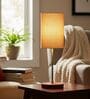 Beige Cylinder Fabric Shade Table Lamp, Brown Wooden Base Bedside & Desk Light for Bedroom, Living Room & Home Decor