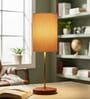 Beige Cylinder Fabric Shade Table Lamp, Brown Wooden Base Bedside & Desk Light for Bedroom, Living Room & Home Decor
