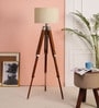 Mateera Beige Fabric Shade Tripod Floor Lamp With Wood Base