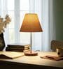 Beige Fabric Shade Table Lamp, Brown Wooden Base Bedside & Desk Light for Bedroom, Living Room & Home Decor