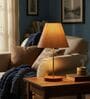 Beige Fabric Shade Table Lamp, Brown Wooden Base Bedside & Desk Light for Bedroom, Living Room & Home Decor