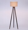 Catania Beige Fabric Shade Tripod Floor Lamp With Wood Base