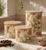 Beige Floral Printed Metal Airtight Containers With Wooden Lids Set Of 3