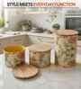 Beige Floral Printed Metal Airtight Containers With Wooden Lids Set Of 3