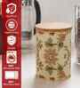 Beige Floral Printed Metal Airtight Storage Container With Wooden Lid