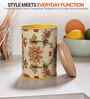 Beige Floral Printed Metal Airtight Storage Container With Wooden Lid