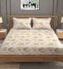 Beige Glace Cotton Floral Print Elastic Fitted King Bedsheet With 2 Pillow Covers