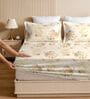 Beige Glace Cotton Floral Print Elastic Fitted King Bedsheet With 2 Pillow Covers
