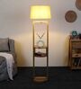 Beige Iron & Cloth Shade Shelf Floor Lamp With Wood Base