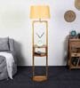 Beige Iron & Cloth Shade Shelf Floor Lamp With Wood Base