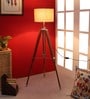 Bezalel Beige Jute Shade Tripod Floor Lamp With Teak wood Base