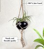 Beige Macrame Jute Hanging Planter with Metal Black Pot
