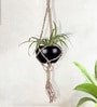 Beige Macrame Jute Hanging Planter with Metal Black Pot