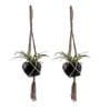 Beige Macrame Medium Hanging Rope Planter with Metal Black Pot (Set of 2)