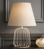 Beige Metal Cage Table Lamp With Cotton Fabric Shade   Minimalist Home Lighting