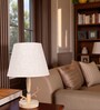 Beige Table Lamp Modern Design   With fabric Textured Lampshade Wooden Base