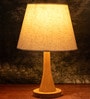 Beige Table Lamp Modern Design With Fabric Textured Lampshade Wooden Base