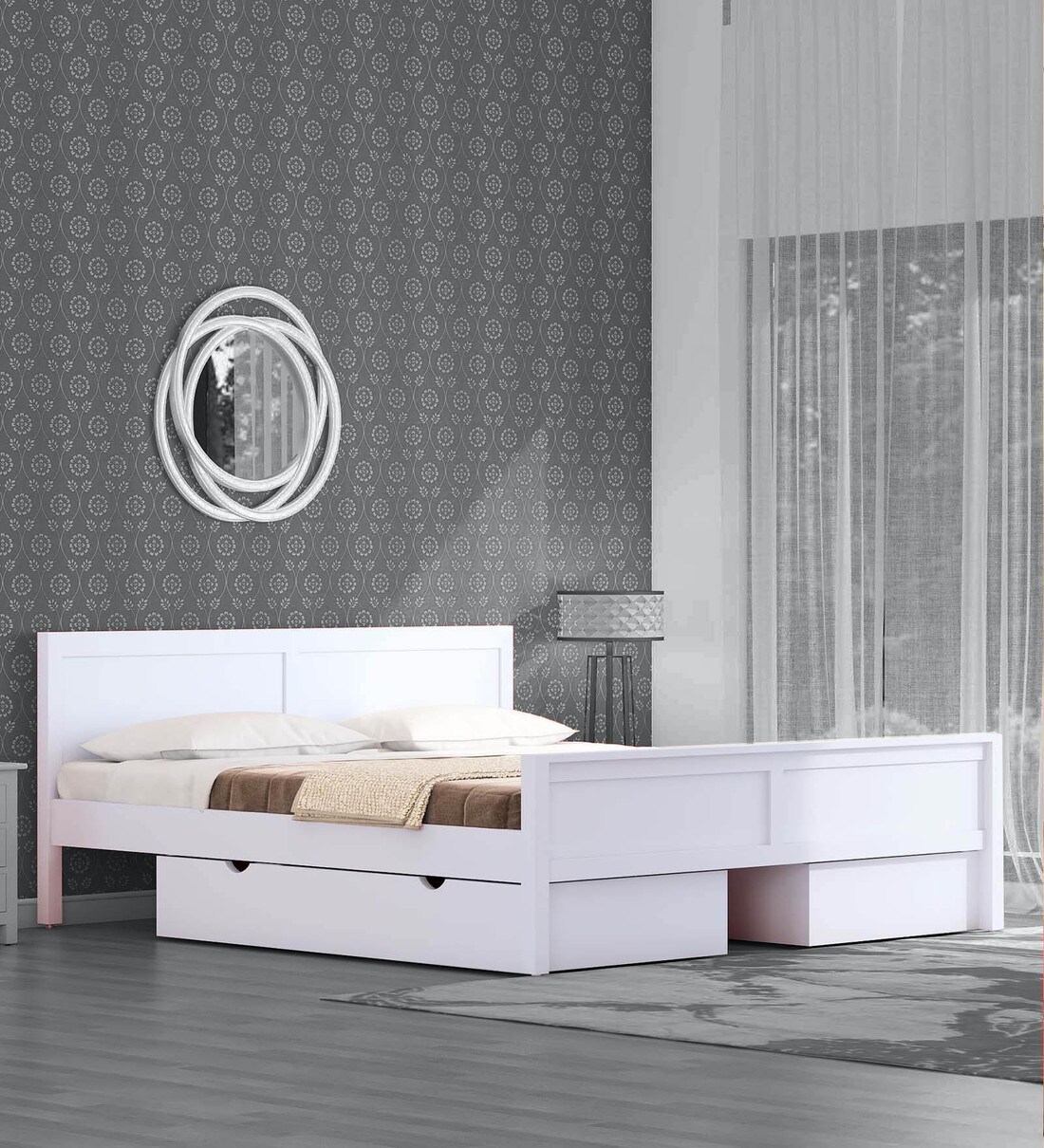 Buy Bianca Solid Wood King Size Bed With Drawer Storage In White Finish