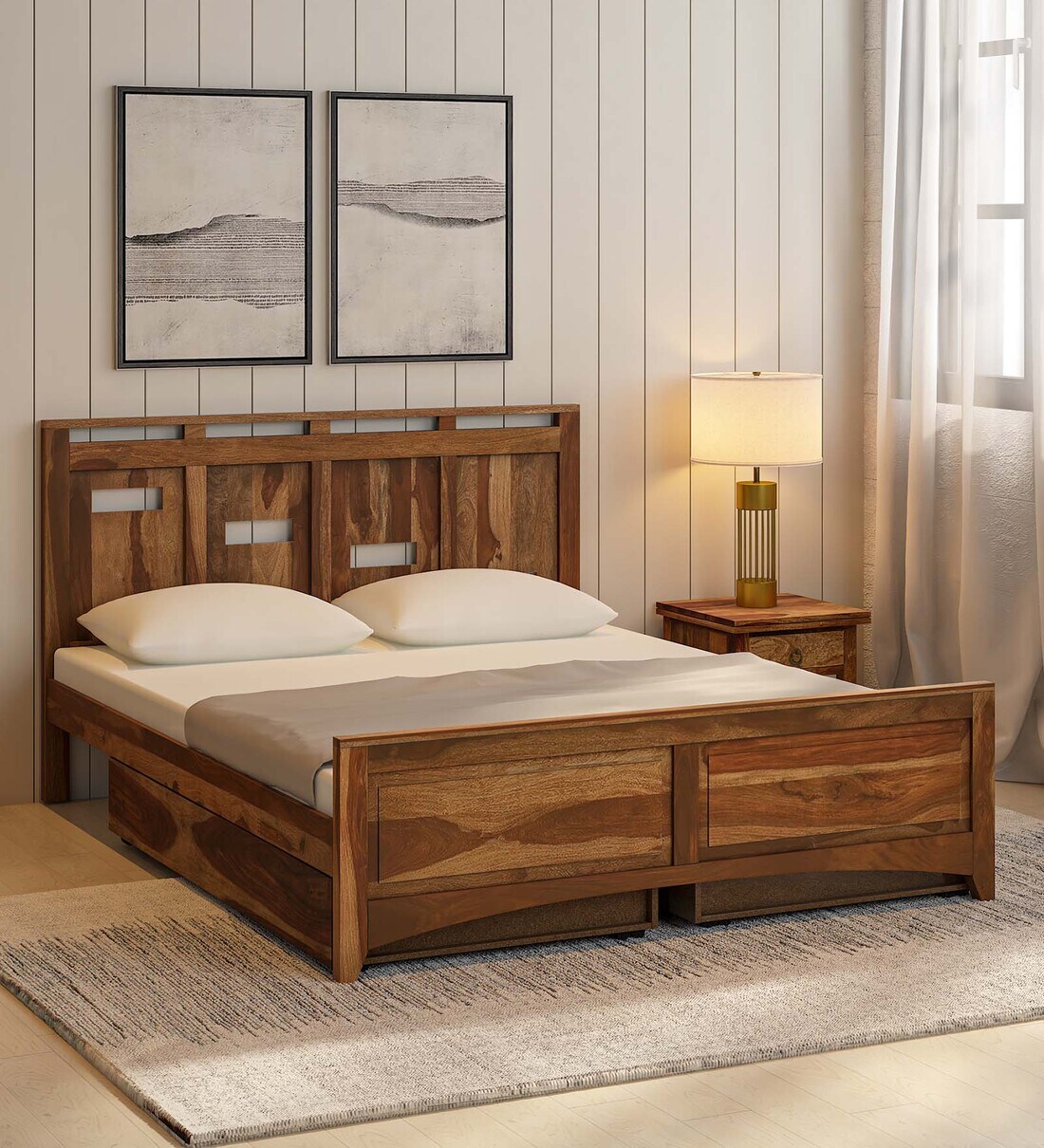 Buy Biscay Sheesham Wood King Size Bed In Rustic Teak Finish With ...