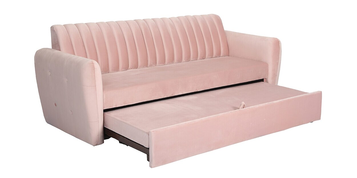 Buy Bianca Velvet PullOut Sofa Cum Bed in Baby Pink Colour Online