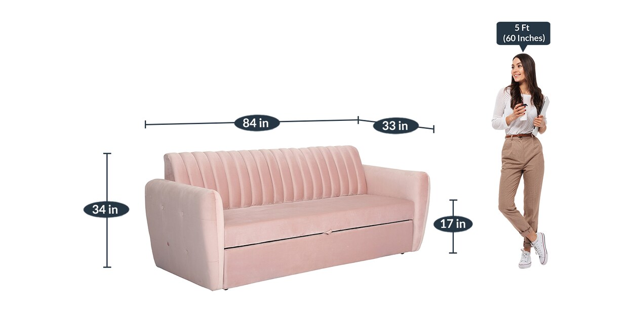 Buy Bianca Velvet PullOut Sofa Cum Bed in Baby Pink Colour Online