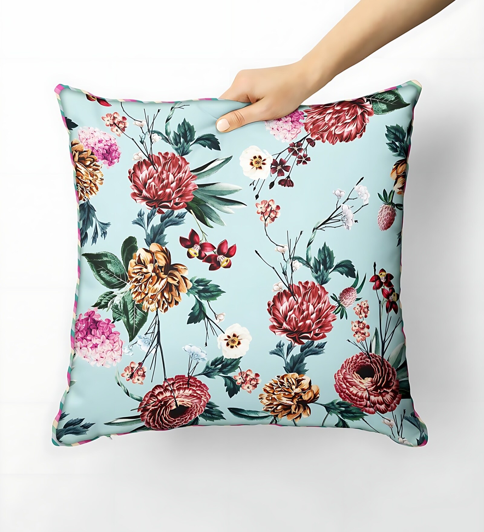 Suzane Mint & Teal Silk Linen Floral Abstract Reversible Printed Cushion Cover
