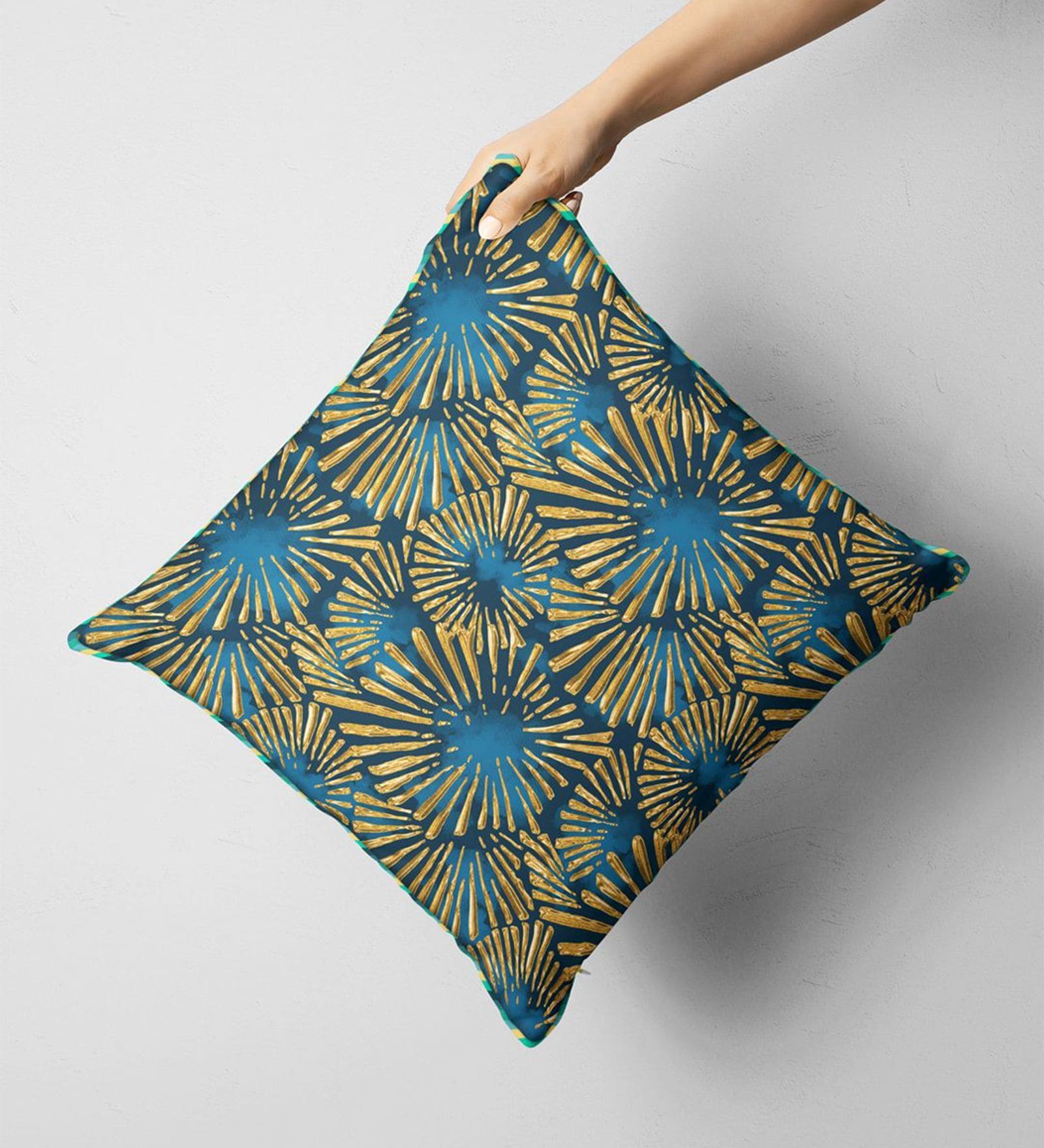 Suzane Teal & Gold Silk Linen Floral Check Reversible Printed Cushion Cover