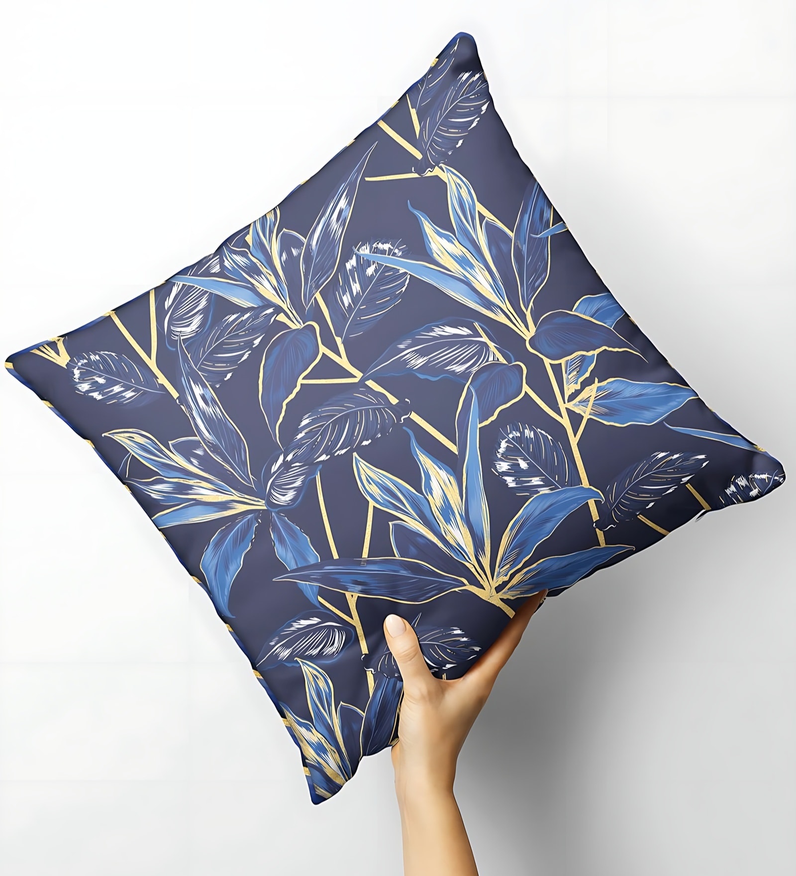 Suzane Navy & Gold Silk Linen Floral Stripe Reversible Printed Cushion Cover