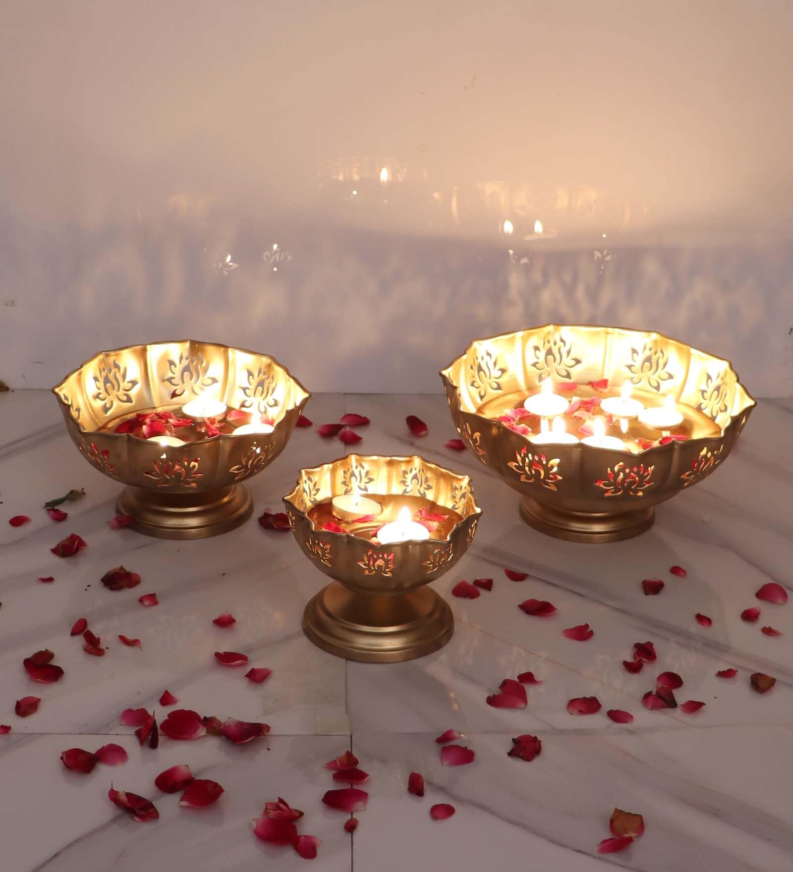 Big Bowl Lotus Cut Urli With Base Set of 3
