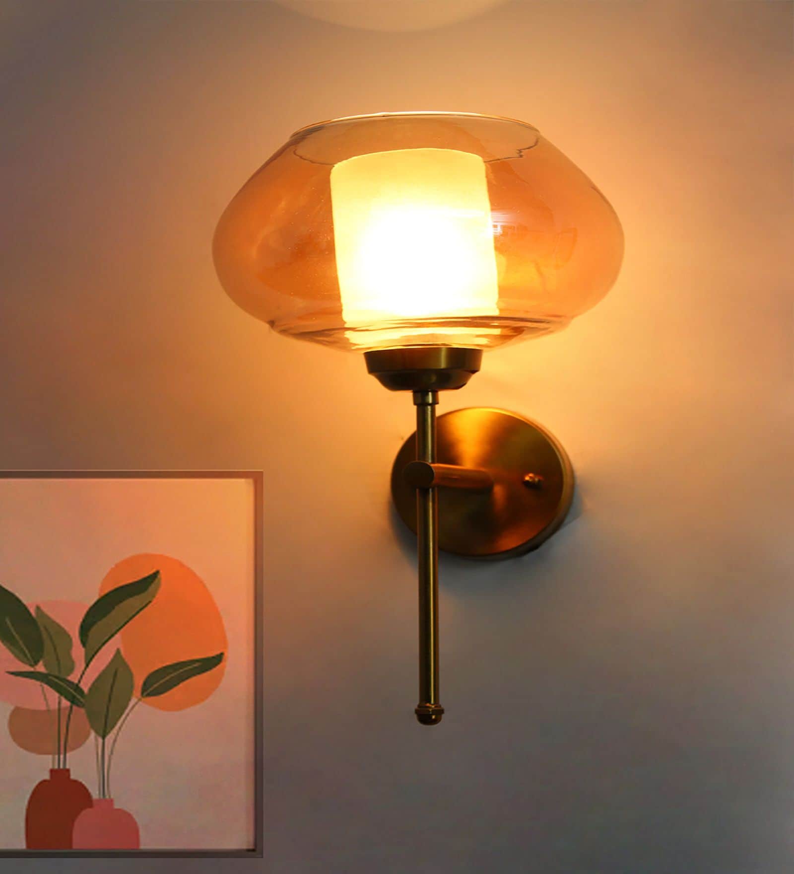 Big Kachori Glass Amber Globe Wall Light Brass Sconce