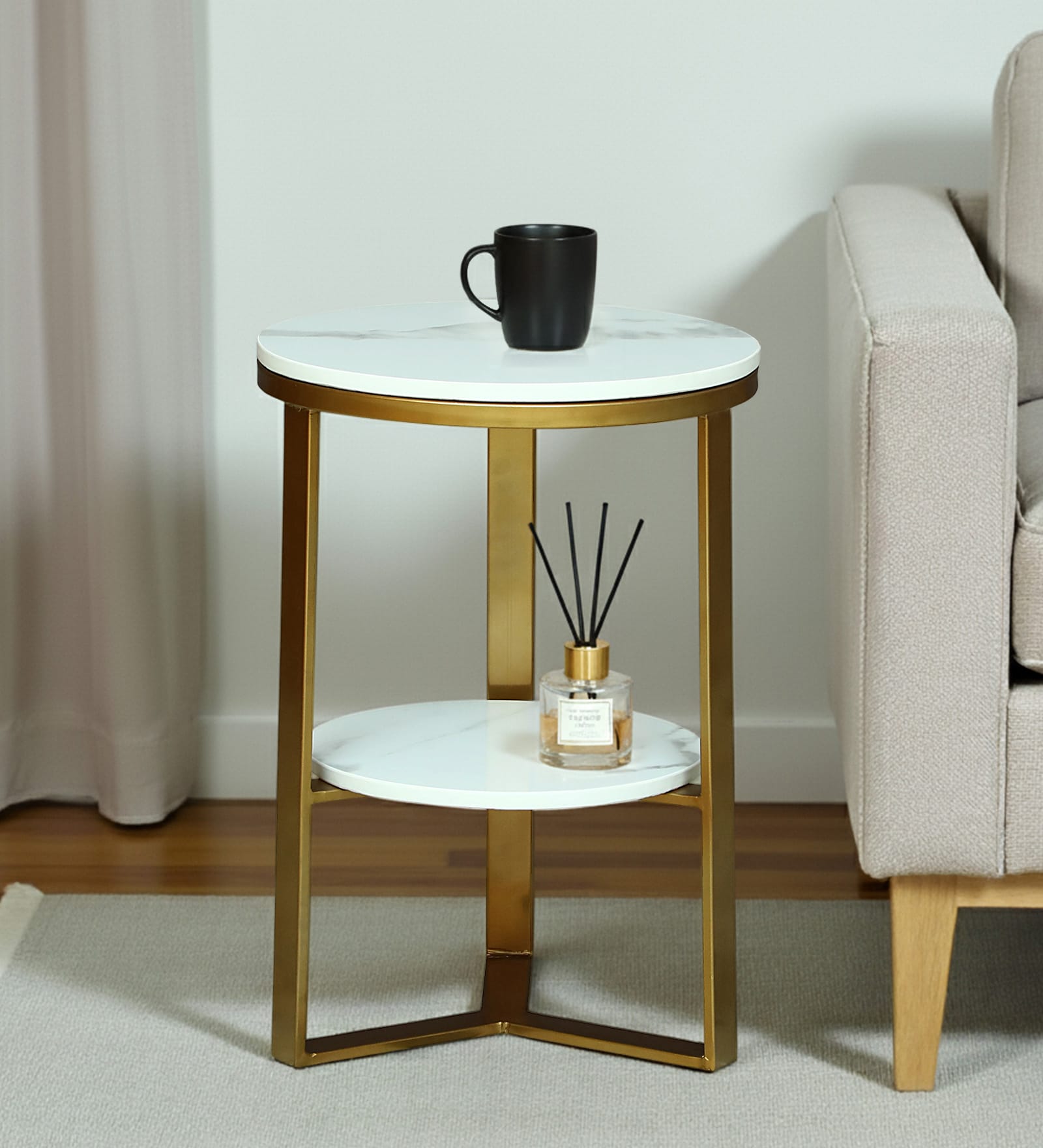 Bigard White Porcelain Top End Table With Gold Finish
