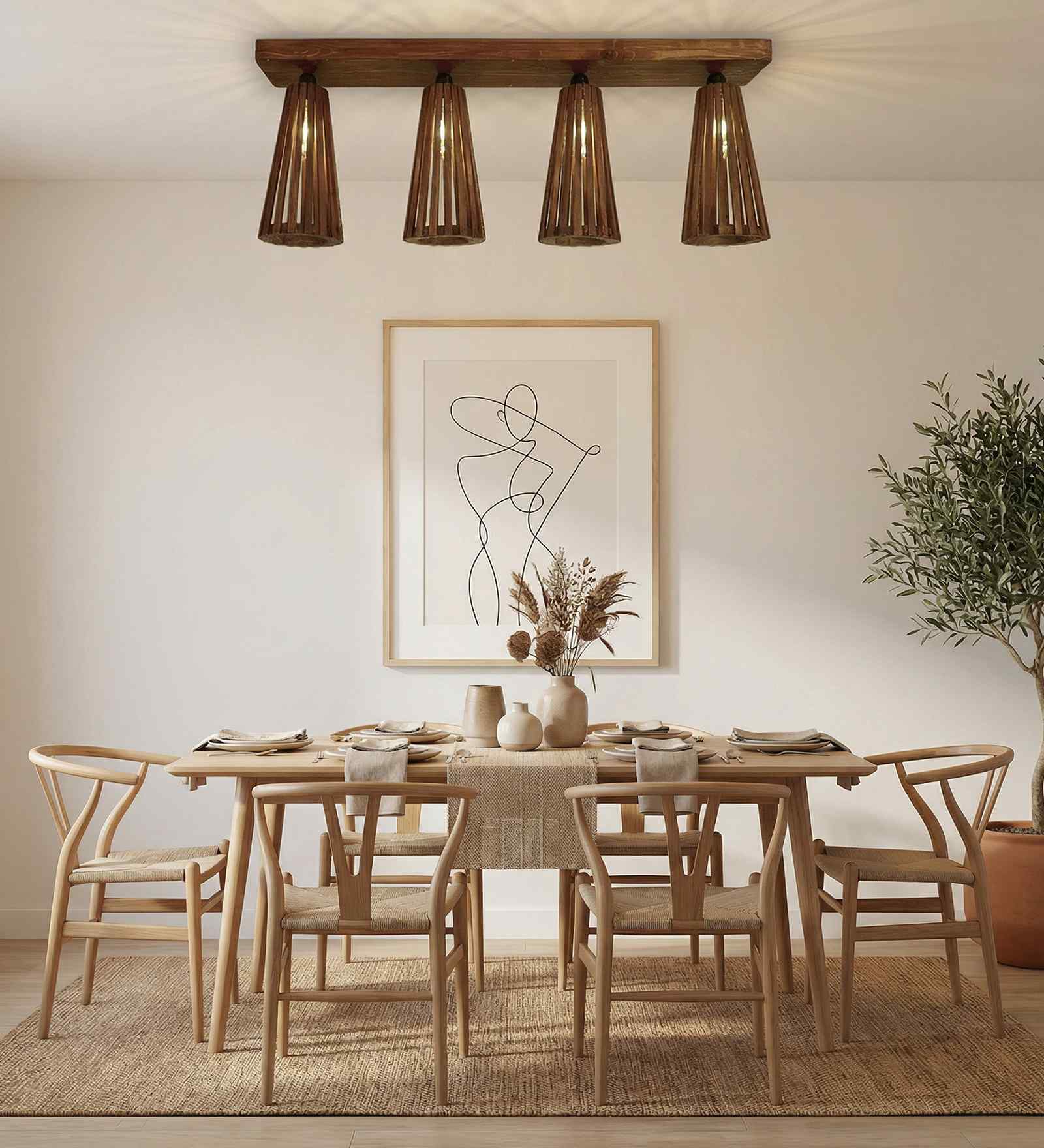 Billet 4 Lights Brown Solid Wood Flush Mounted Ceiling Light