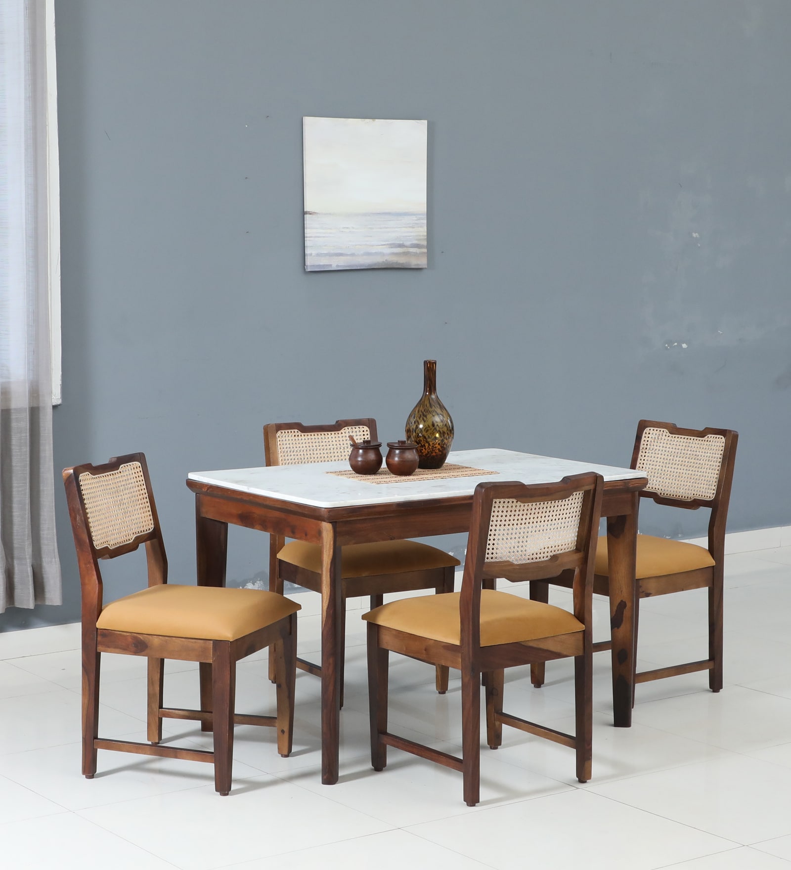 Binche Sheesham Wood 4 Seater Dining Set In Scratch Resistant Provincial Teak Finish With Marble Top