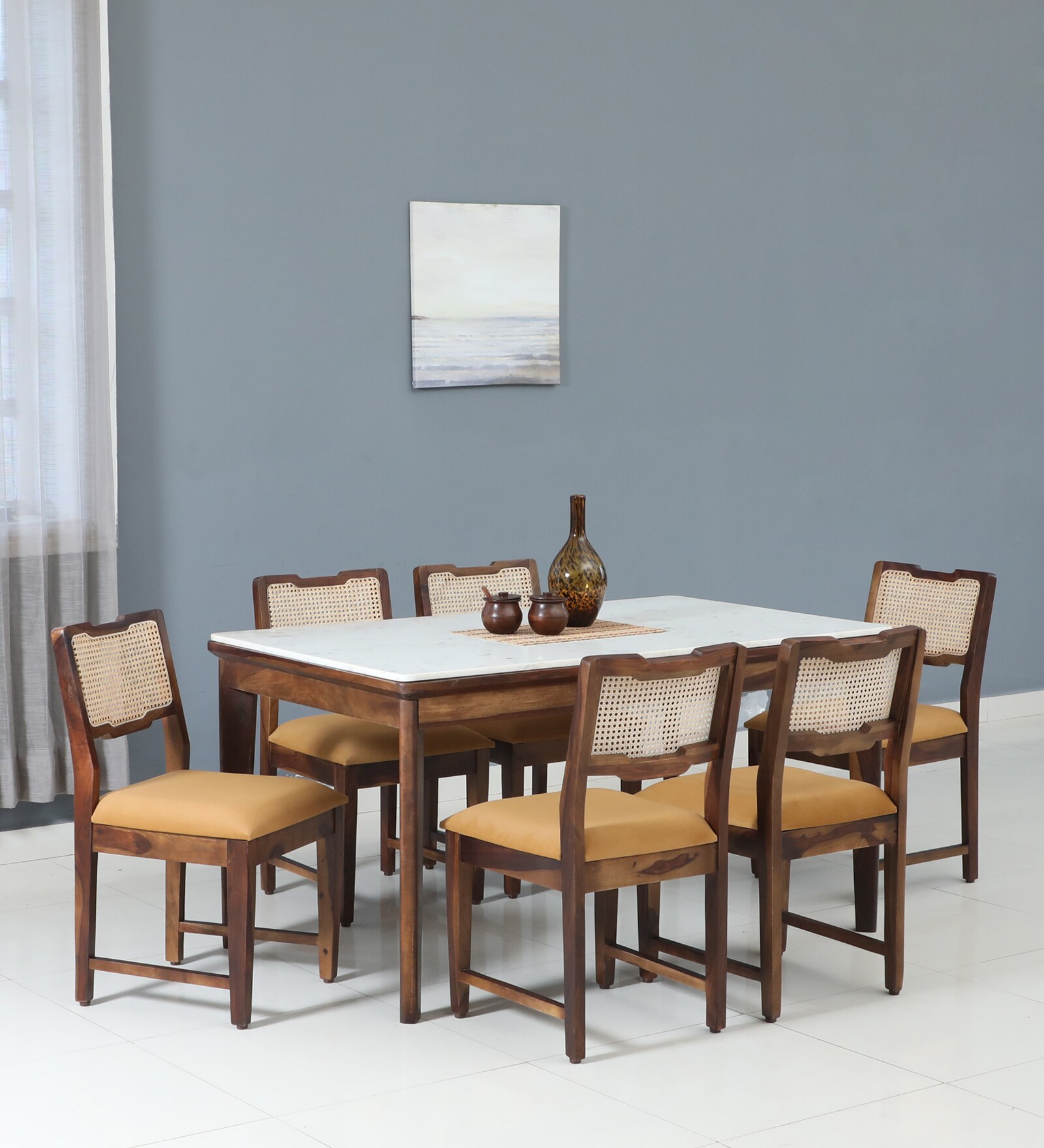 Binche Sheesham Wood 6 Seater Dining Set In Scratch Resistant Provincial Teak Finish With Marble Top