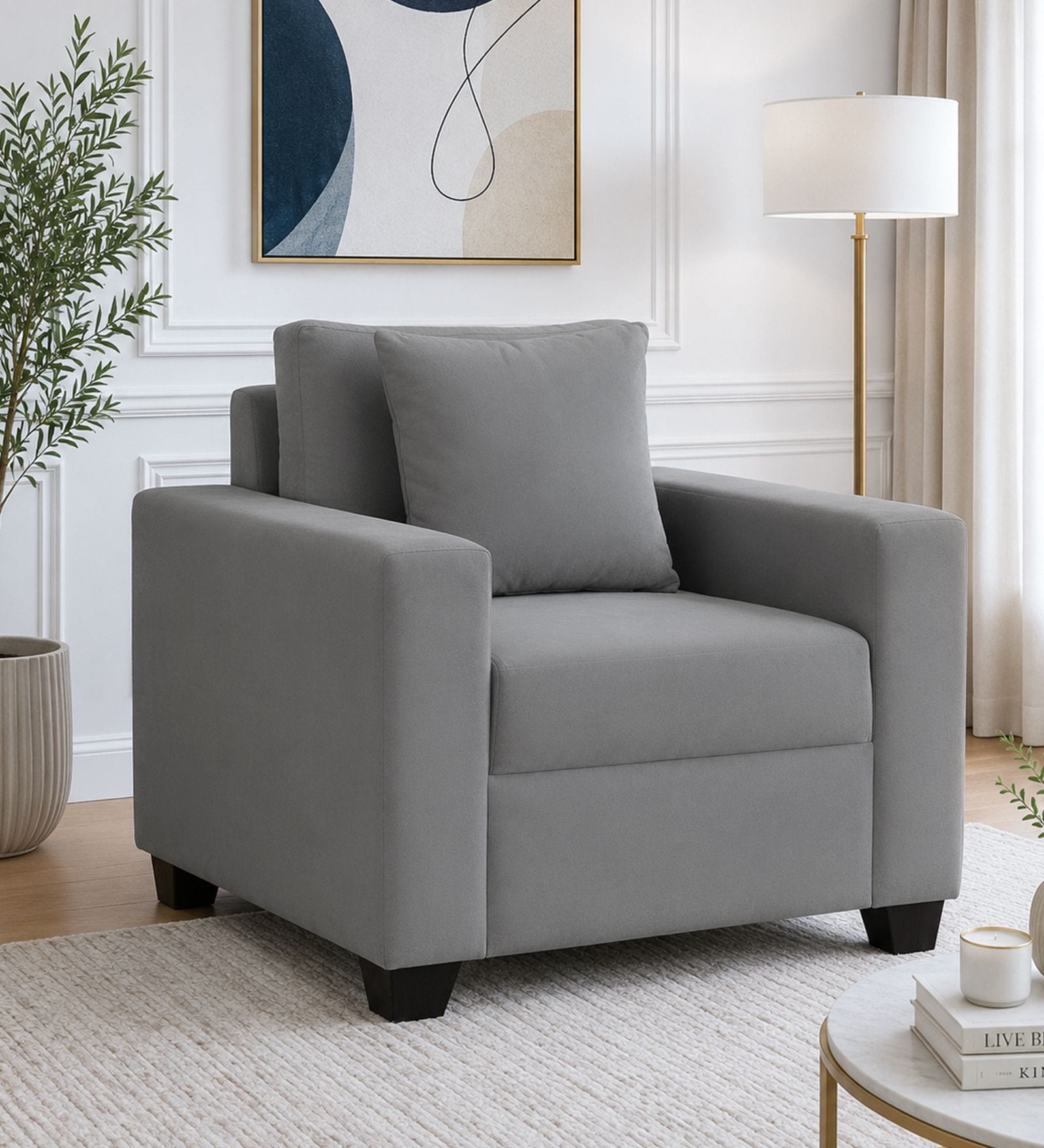 Bingo Velvet 1 Seater Sofa In Grey Colour