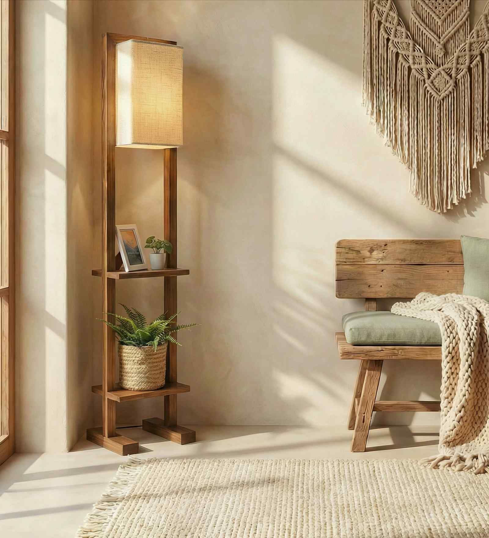 Biped Wooden Shelf Floor Lamp with Jute Shade and Brown Base