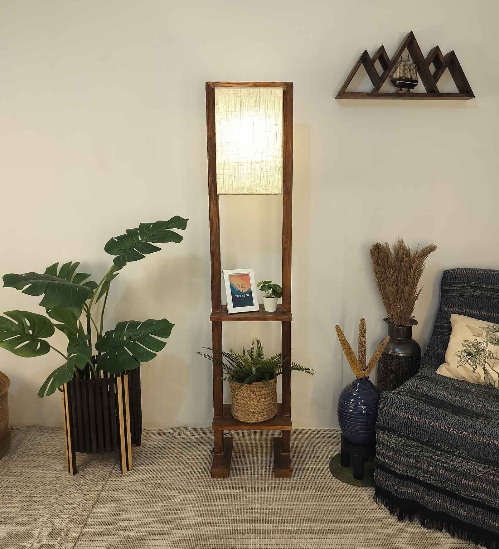 Biped Wooden Shelf Floor Lamp with Jute Shade and Brown Base