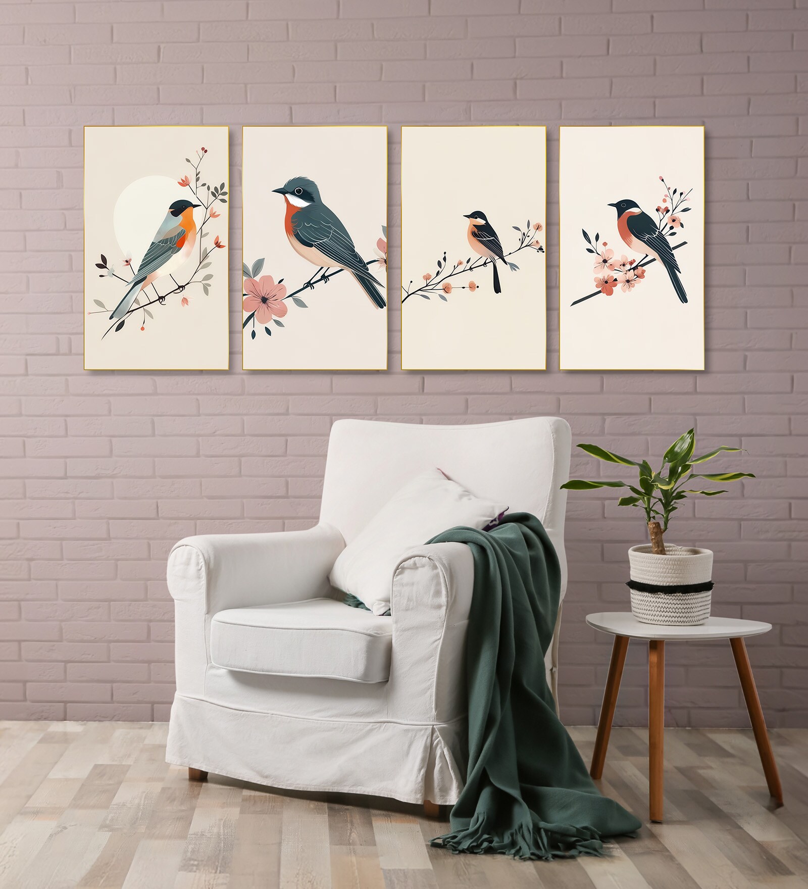 Bird and Floral Canvas Set of 4 Canvas Wall Painting Gold Frame