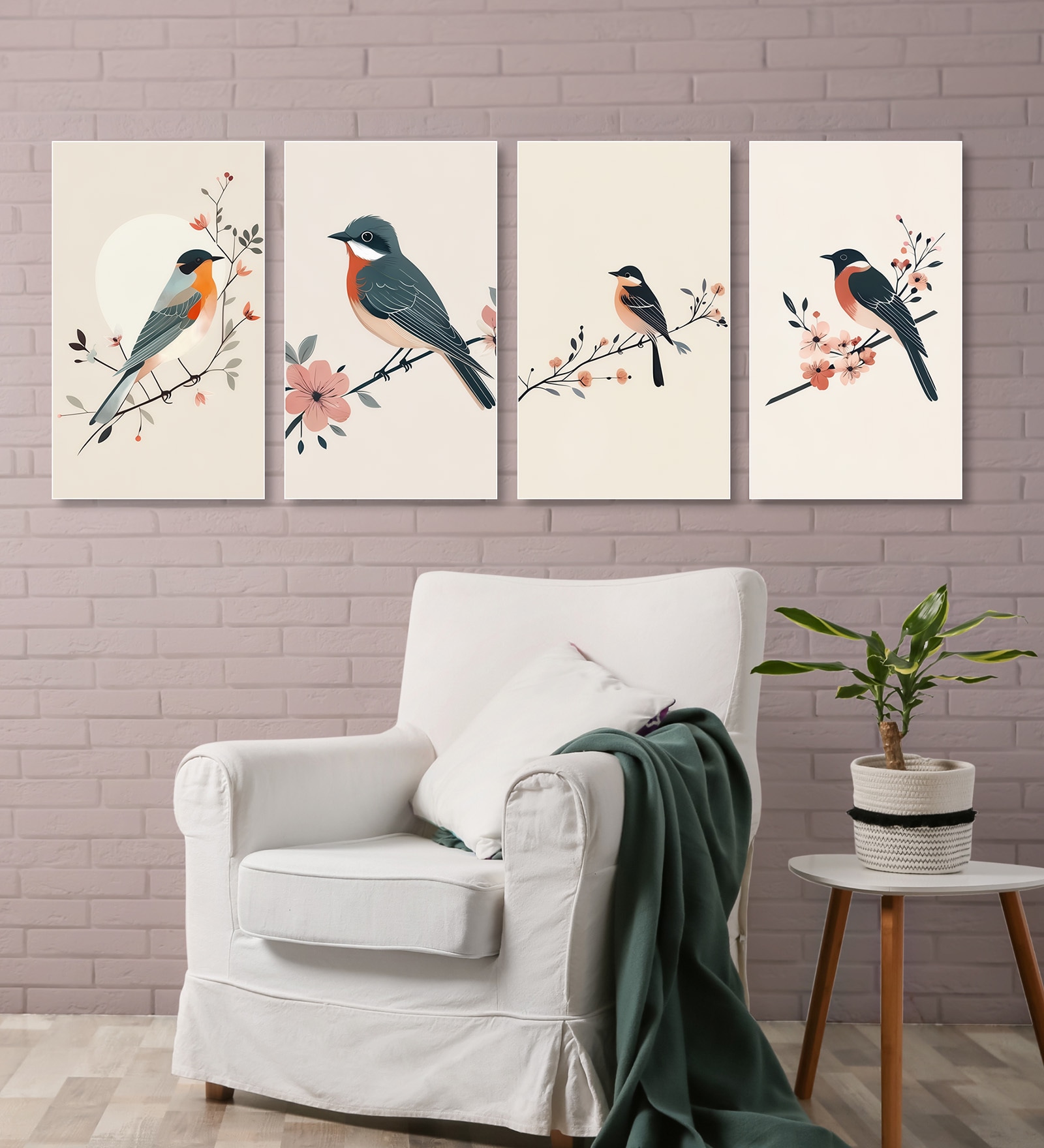 Bird and Floral Canvas Set of 4 Canvas Wall Painting White Frame