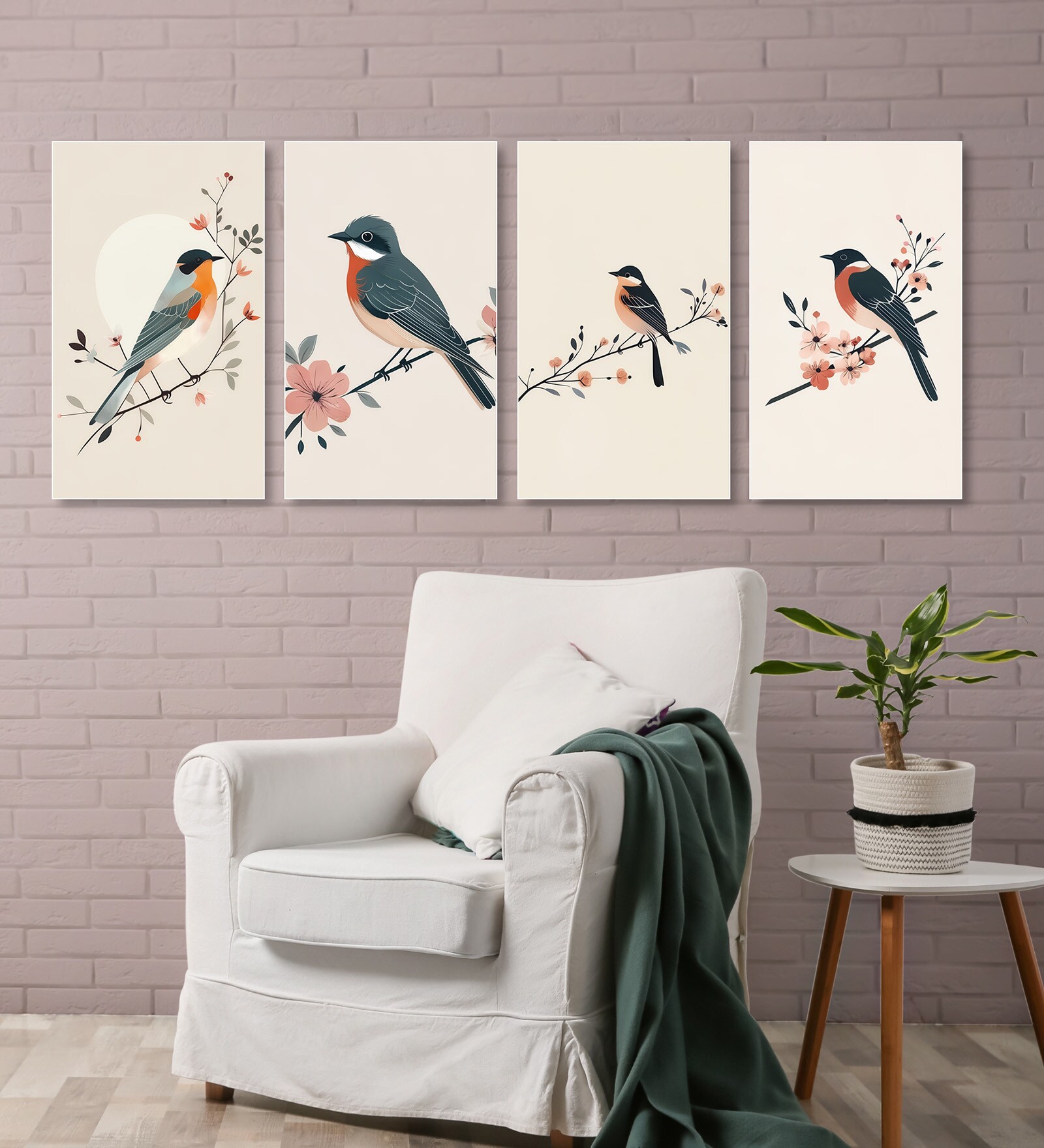 Bird and Floral Canvas Set of 4 Canvas Wall Painting White Frame