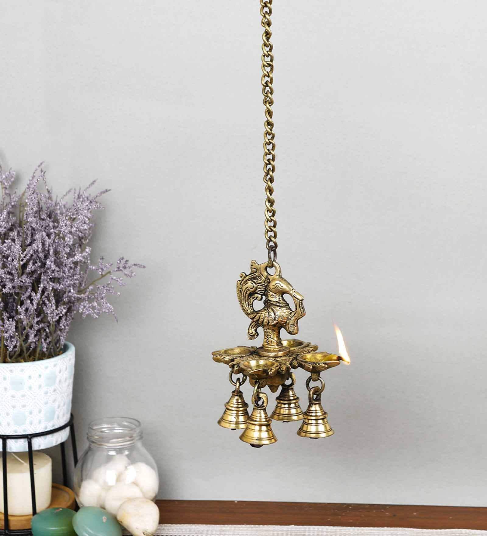 Bird Golden Brass Chain Hanging Lamp With Bells