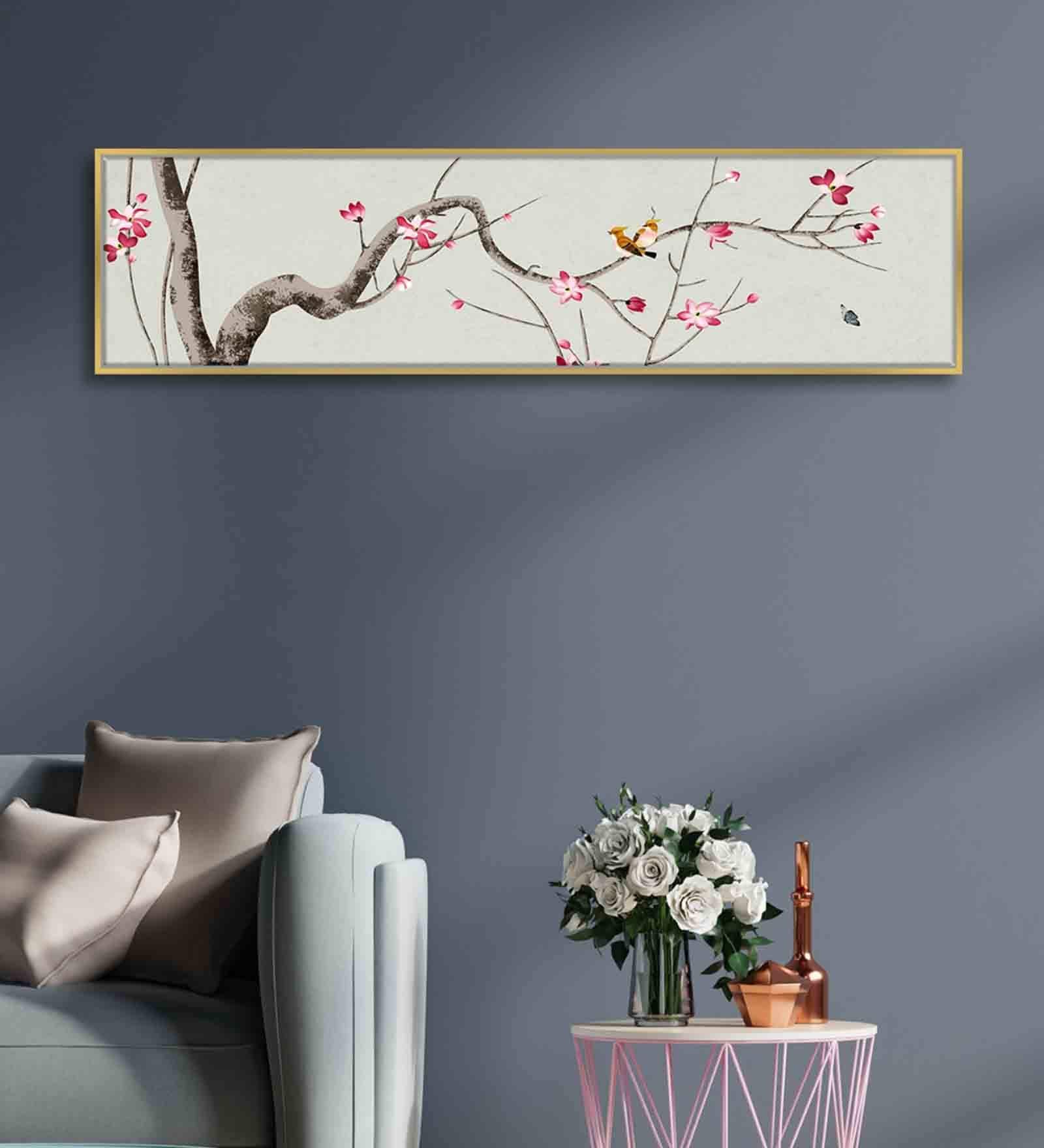 Bird On Branch Pink Floral Canvas Art Print