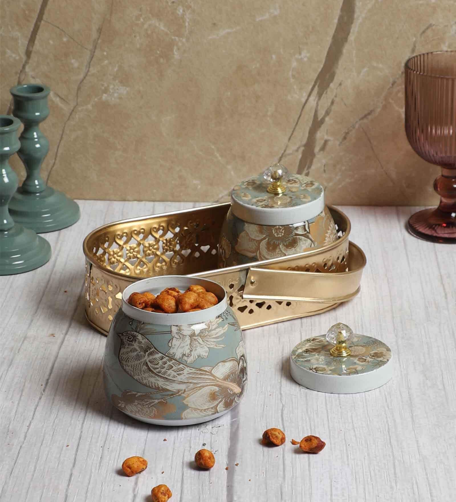 Bird Print Metal Jar With basket Set of 2
