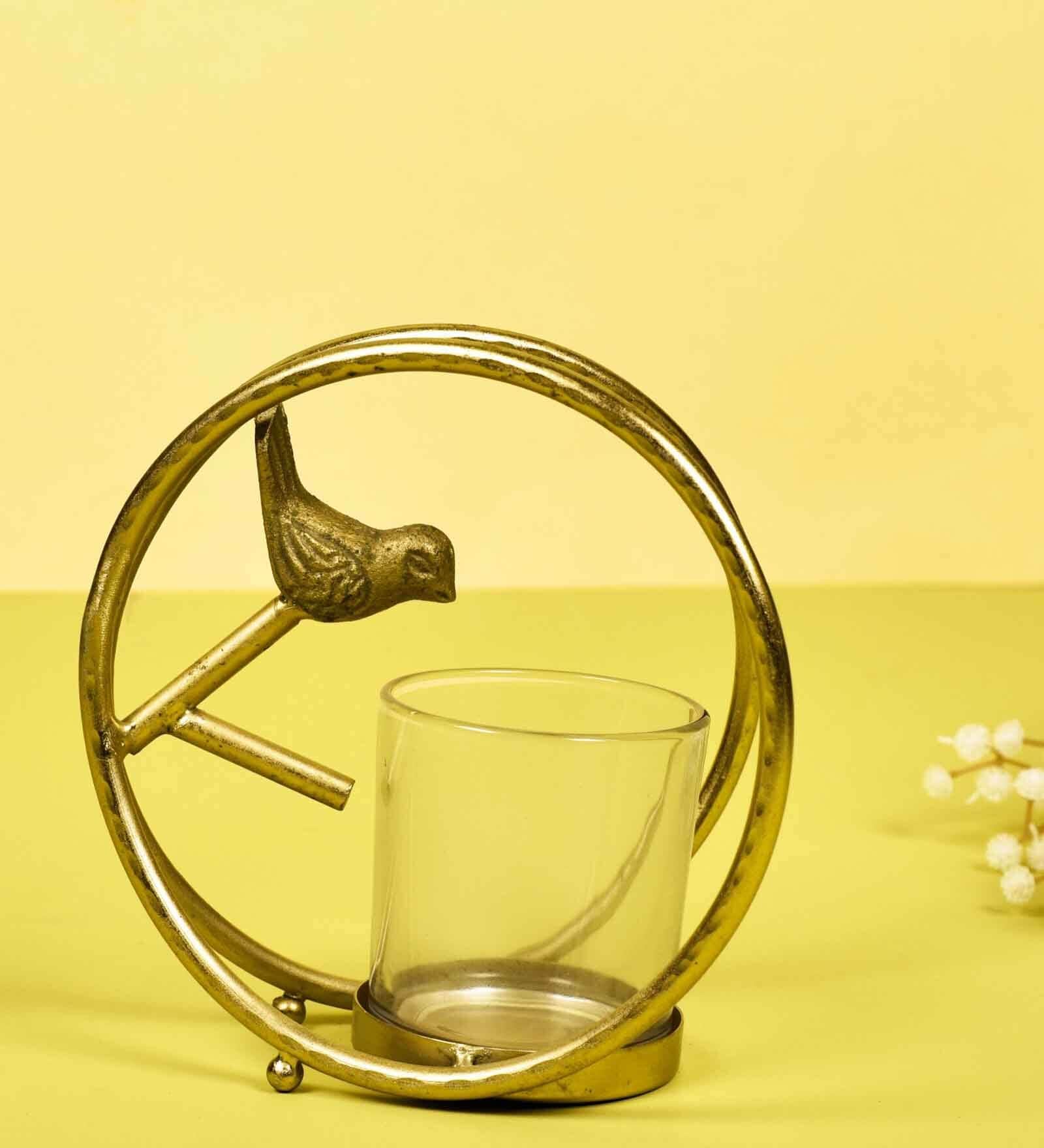 Bird with Ring Gold Aluminium & Glass Votive Candle Holder