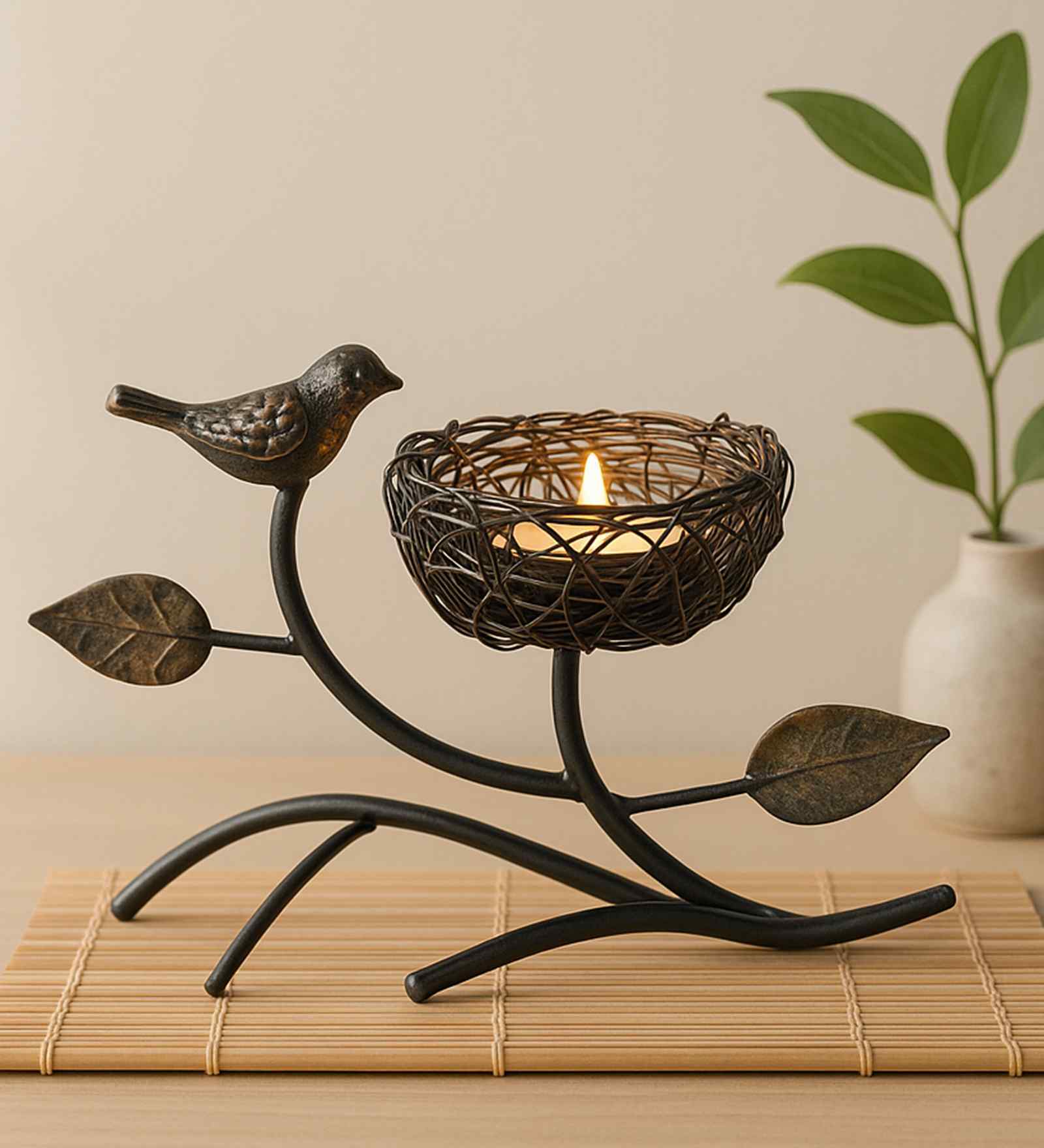 Bird with Nest Black Metal Table Tea Light Holder