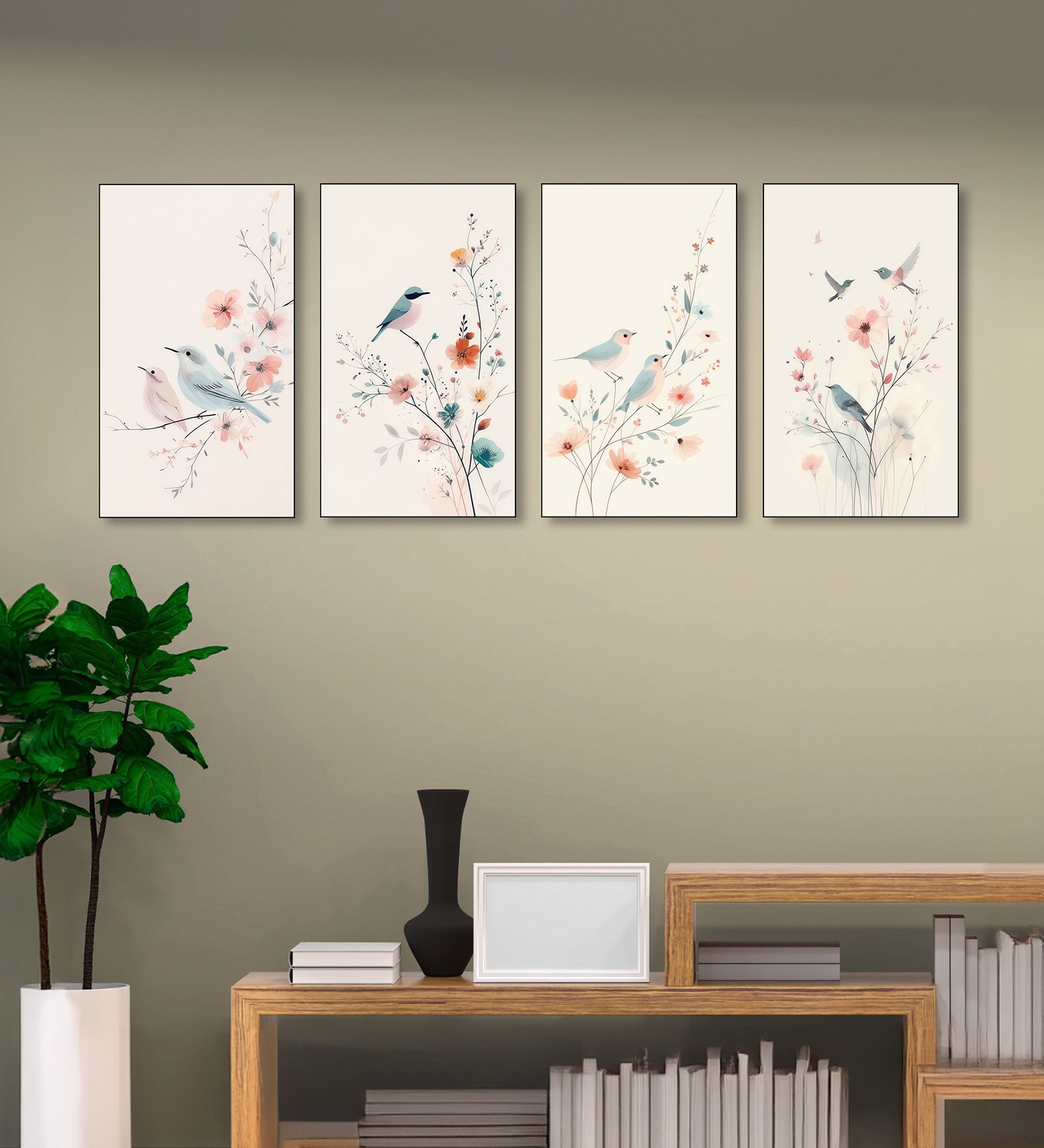 Bird Art Set of 4 Canvas Wall Painting Black Frame